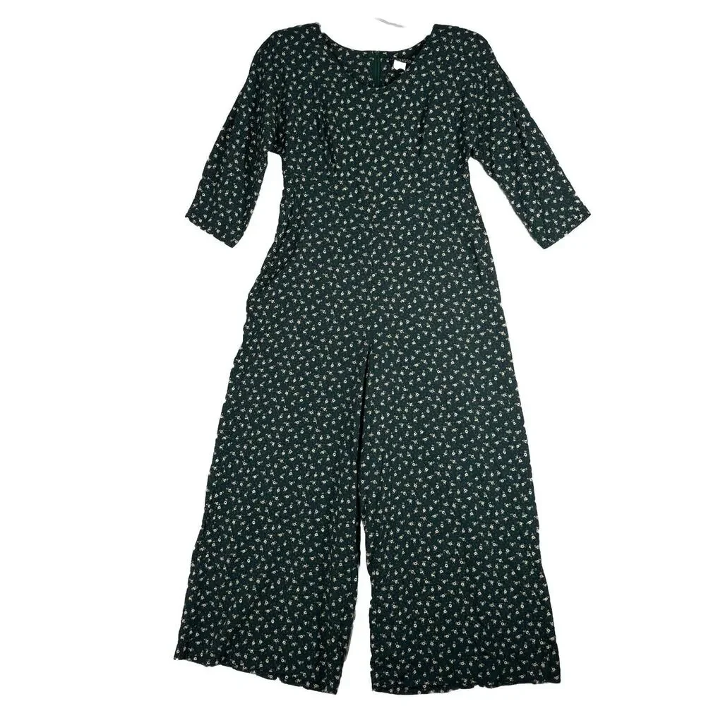 Cimmaron Jumpsuit Womens Medium Green Cream Floral Flowers Wide Leg Peasant Boho